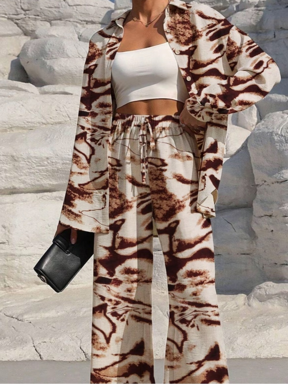 Women's Brown & Cream Abstract Button-Front Shirt and Pants - Size S
